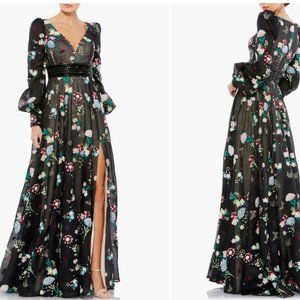 MAC DUGGAL 79361 EMBROIDERED BISHOP SLEEVE V-NECK FLOWY BLACK FLORAL GOWN 14